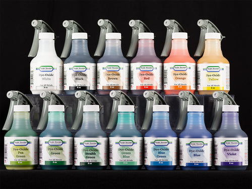 Sculpt Nouveau White, Black, Brown, Red, Orange, Yellow, Pea Green, Green, Stealth Green, Green Blue, Blue Green, Blue, and Violet Dye-Oxide Patinas in 8oz. spray bottles