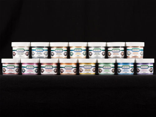Sculpt Nouveau Pearl White, Black, Brown, Gold, Silver, Bronze, Copper, Red, Pink, Red Orange, Orange, Yellow, Green, Blue, and Violet Iridescent Powder in 2oz. containers