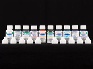 Sculpt Nouveau White, Black, Brown, Red, Orange, Yellow, Green, Blue-Green, Blue, and Violet Solvent Dye in 1oz. bottles