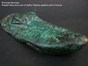 Bronze sculpture of an alligator using Sculpt Nouveau Traditional Liver of Sulfur and Powder Blue Patinas
