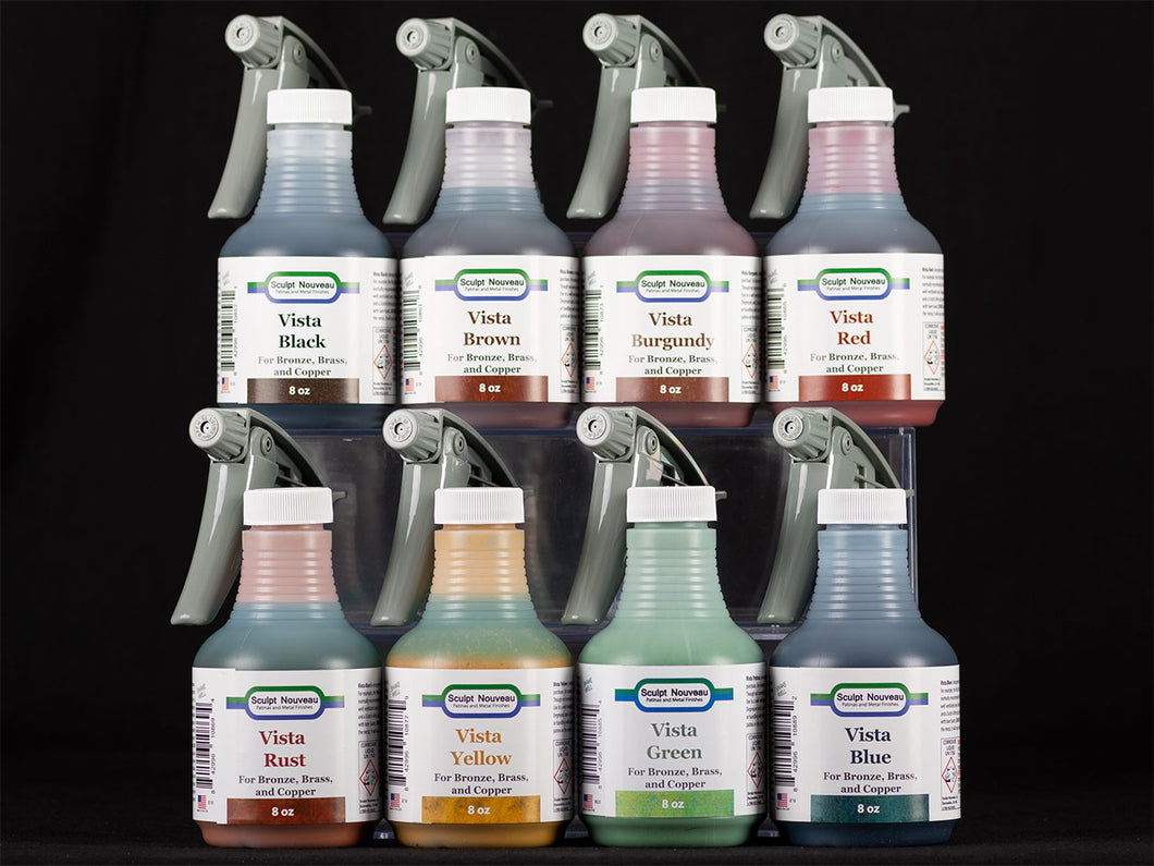 Sculpt Nouveau Black, Brown, Burgundy, Red, Rust, Yellow, Green, and Blue Vista Patinas in 8oz. spray bottles